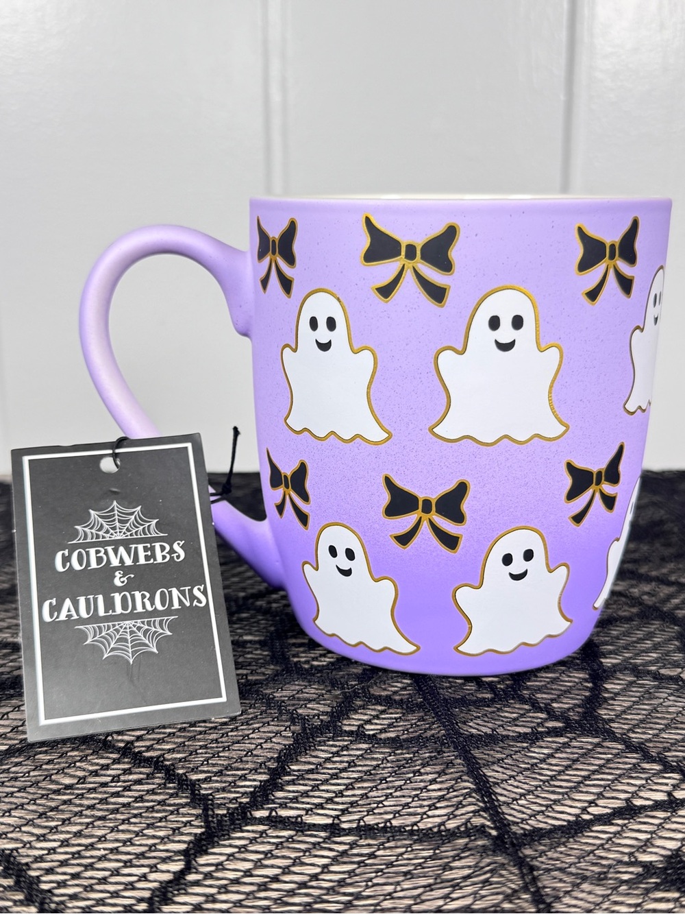 NEW Cobwebs & Cauldrons Ghosts and Bows Halloween Mug